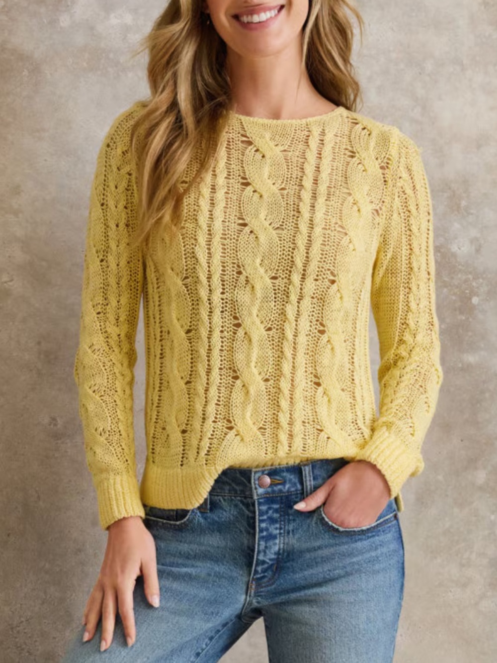 Garnet Hill Linen & Organic-Cotton Cabled Pullover Sweater Sunlight XL